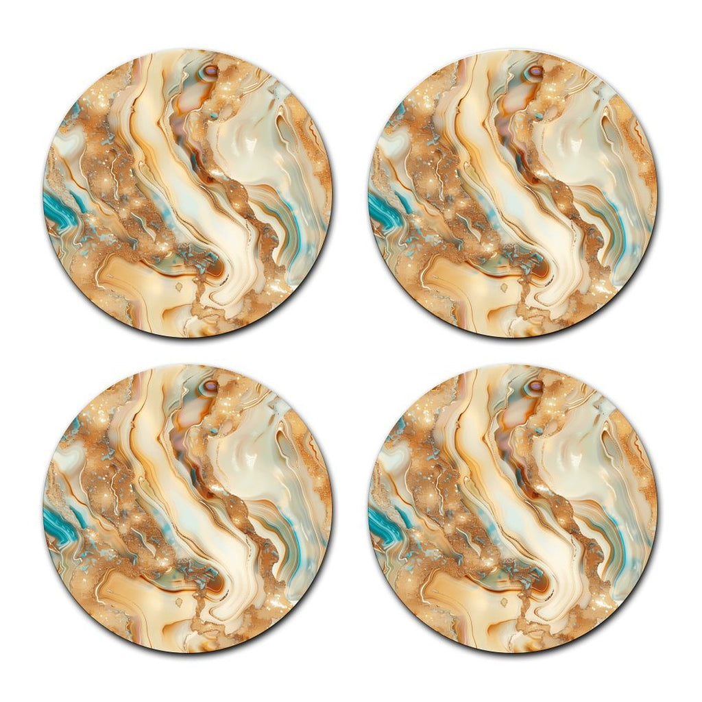 4pcs Luxury Beige Marble Car Cup Holder Coasters, Gold Fluid Art Pattern, Absorbent Non-Slip Round Auto Cup Mat Set