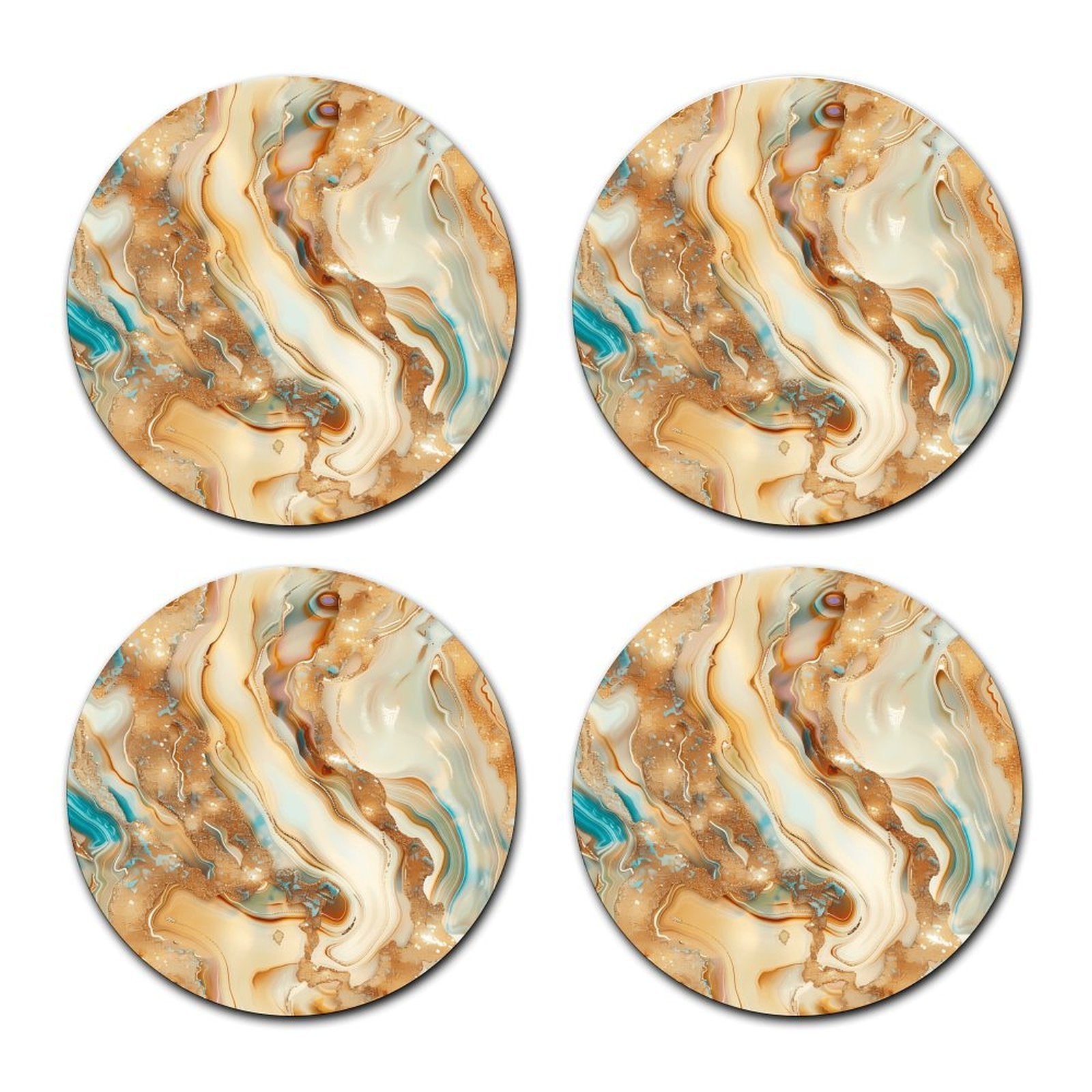 4pcs Luxury Beige Marble Car Cup Holder Coasters, Gold Fluid Art Pattern, Absorbent Non-Slip Round Auto Cup Mat Set