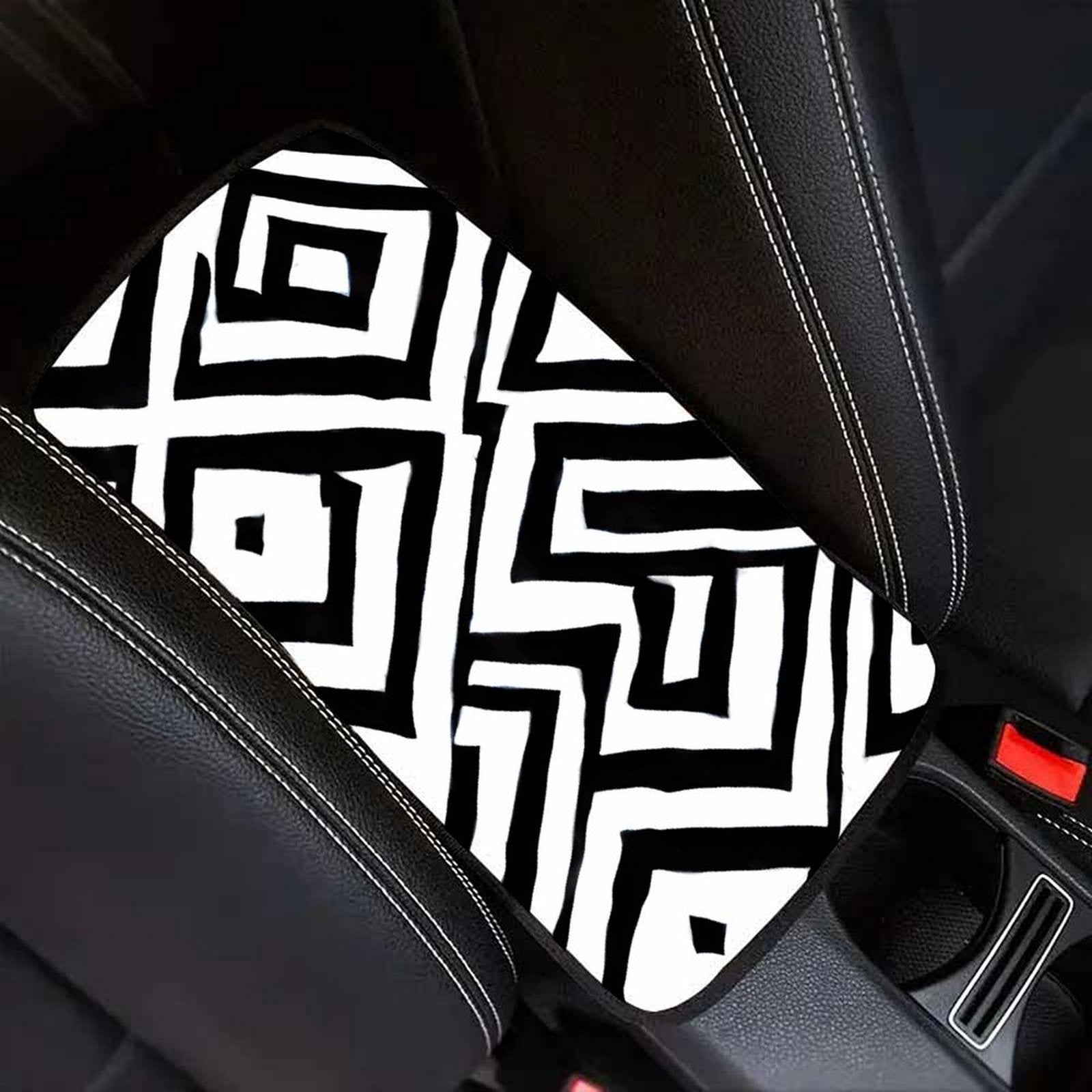 Black and White Geometric Car Armrest Cushion – Modern Console Pad