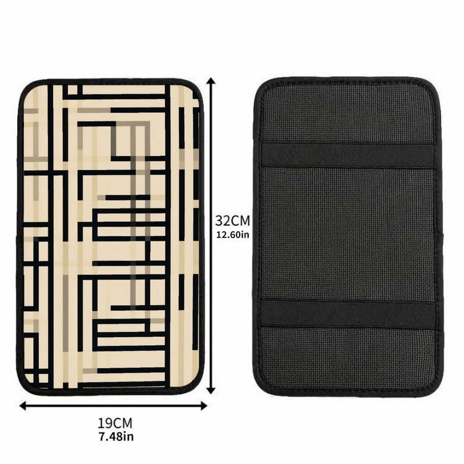 Beige and Black Geometric Line Car Armrest Cushion – Modern Console Pad