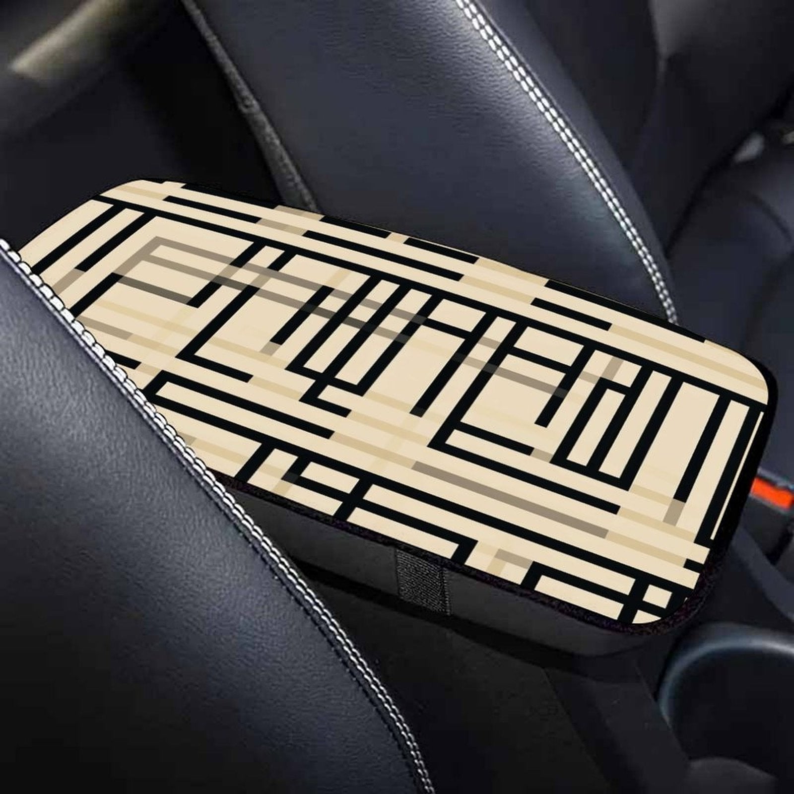 Beige and Black Geometric Line Car Armrest Cushion – Modern Console Pad