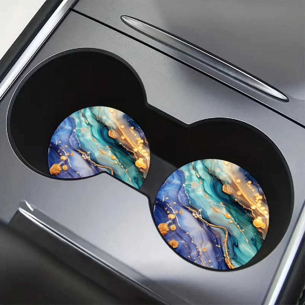 4pcs Luxury Blue Marble Car Cup Holder Coasters, Gold Fluid Art Pattern, Absorbent Non-Slip Round Auto Cup Mat Set