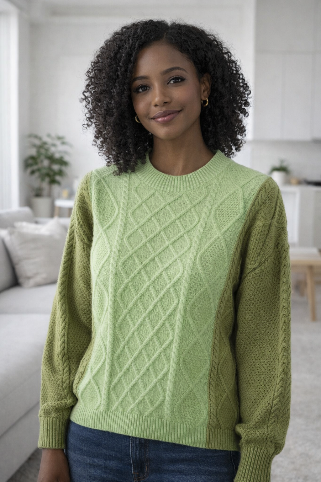 Women’s Cable Knit Patchwork Sweater | Chunky Knit | Lantern Sleeve | Pullover Top