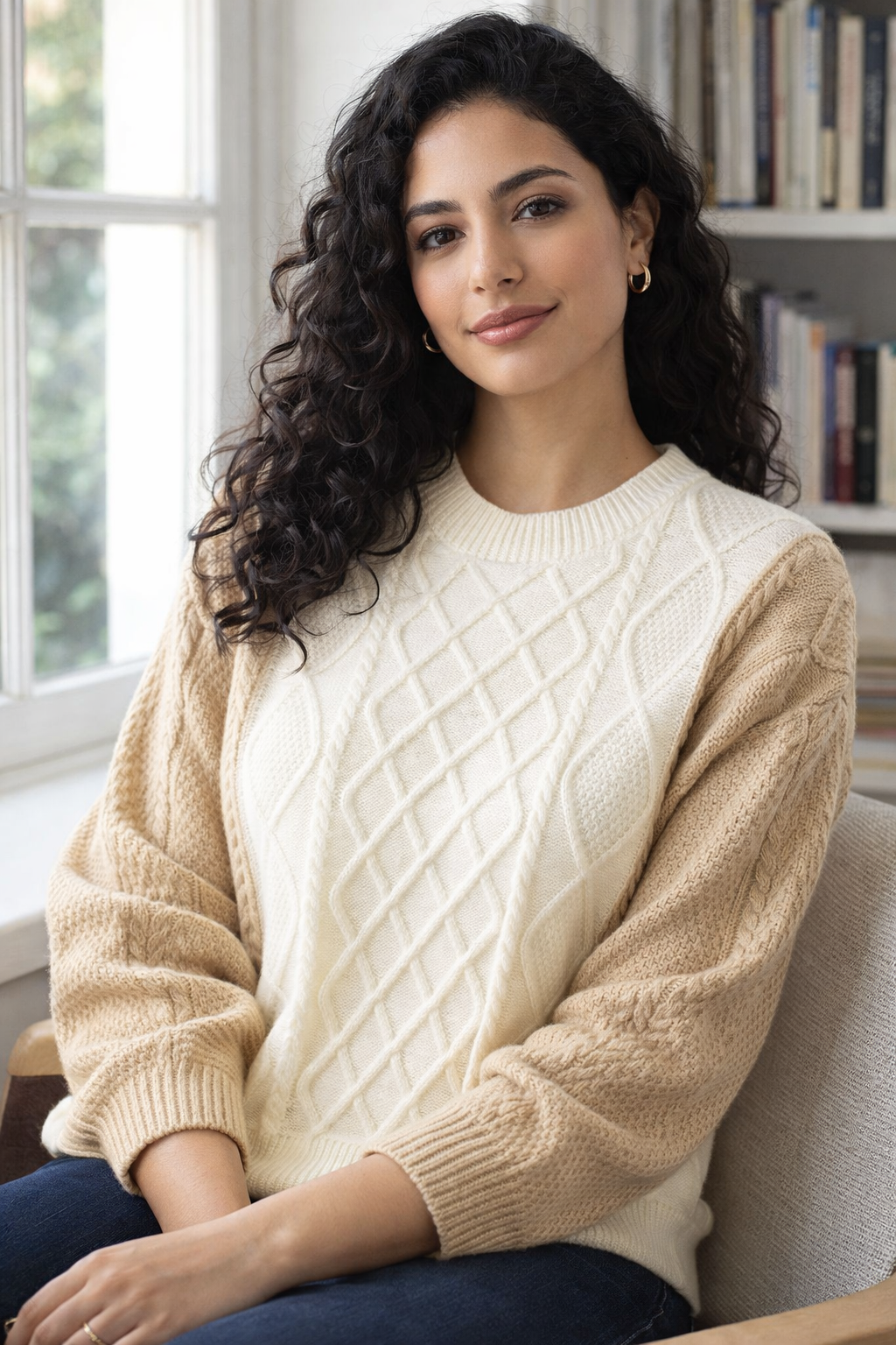 Women’s Cable Knit Patchwork Sweater | Chunky Knit | Lantern Sleeve | Pullover Top