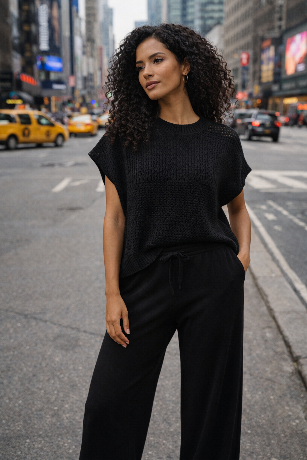 Women’s Knit Sweater Vest & Wide Leg Pants Set | Sleeveless Openwork Knit Top | Drawstring Waist Lounge Outfit