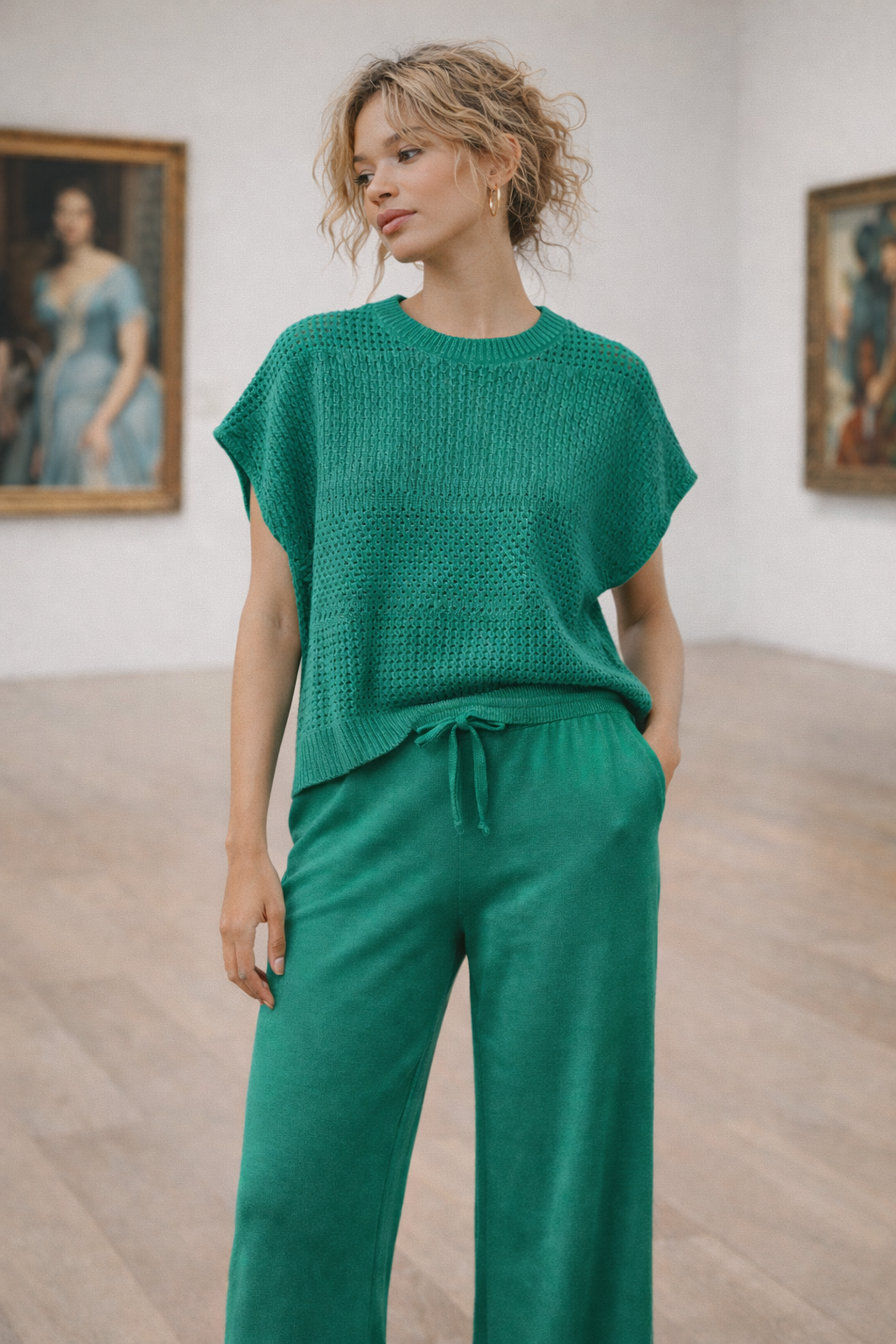 Women’s Knit Sweater Vest & Wide Leg Pants Set | Sleeveless Openwork Knit Top | Drawstring Waist Lounge Outfit