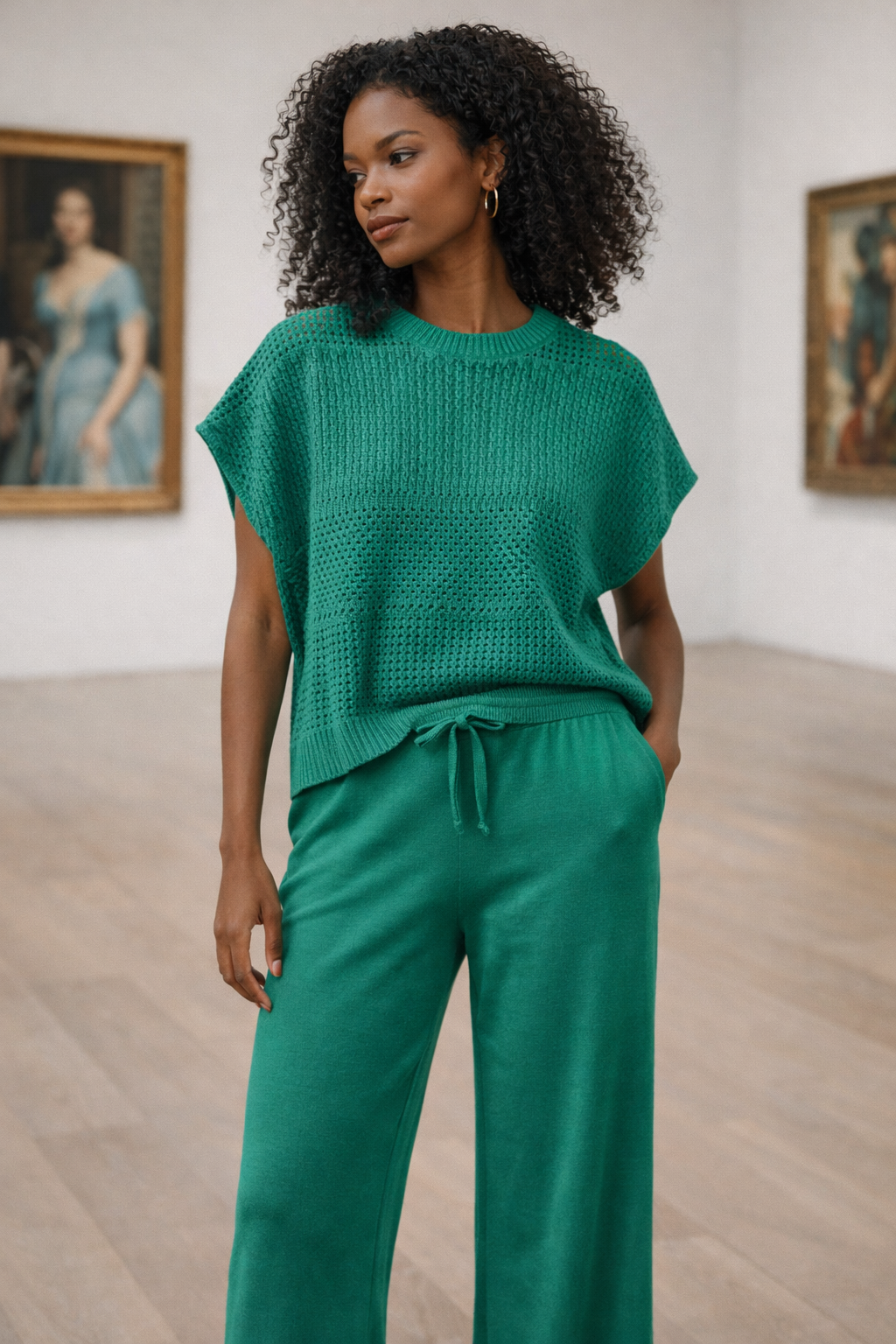 Women’s Knit Sweater Vest & Wide Leg Pants Set | Sleeveless Openwork Knit Top | Drawstring Waist Lounge Outfit