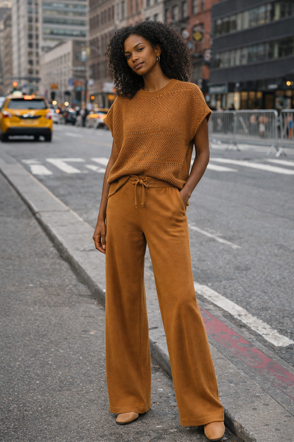 Women’s Knit Sweater Vest & Wide Leg Pants Set | Sleeveless Openwork Knit Top | Drawstring Waist Lounge Outfit