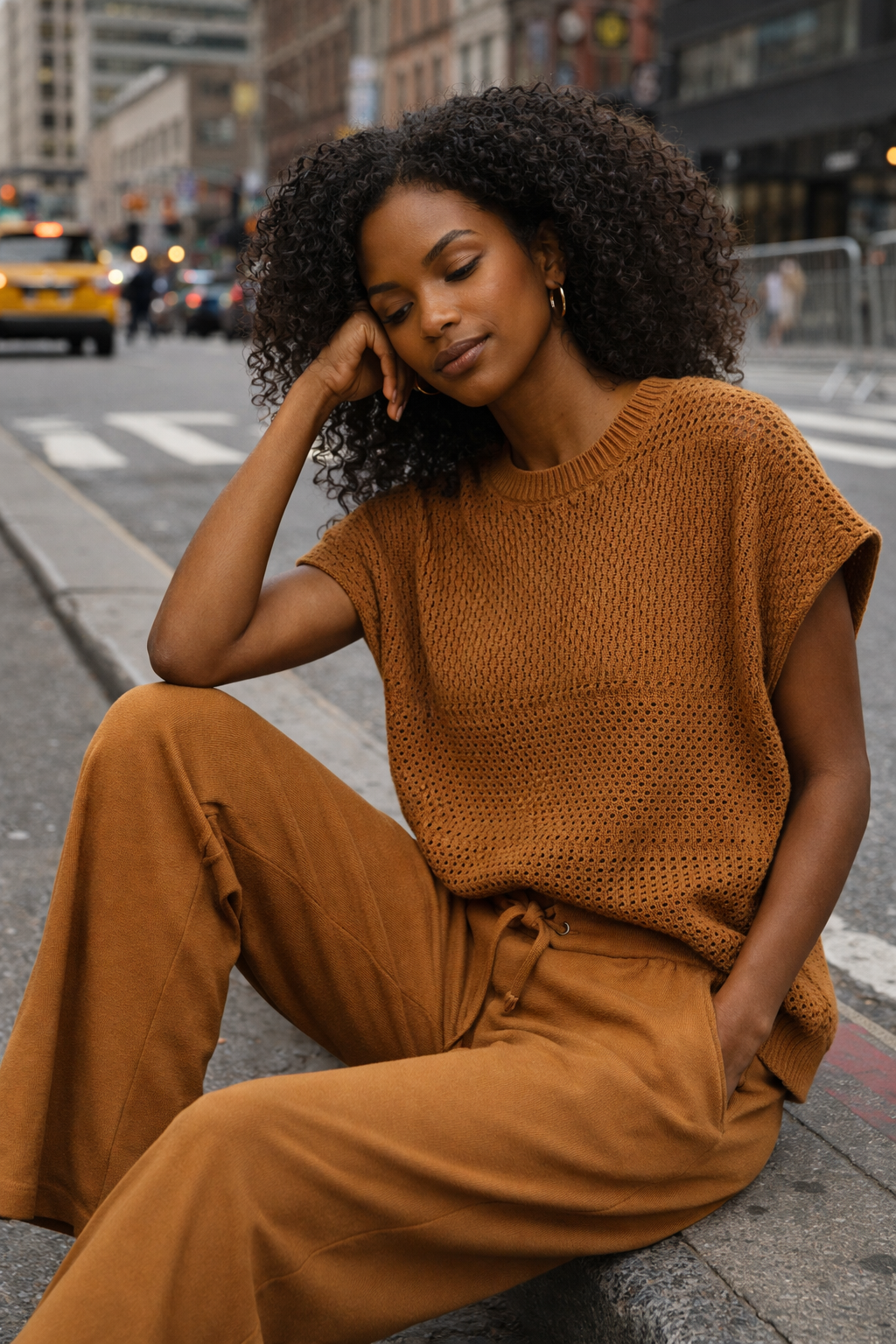 Women’s Knit Sweater Vest & Wide Leg Pants Set | Sleeveless Openwork Knit Top | Drawstring Waist Lounge Outfit