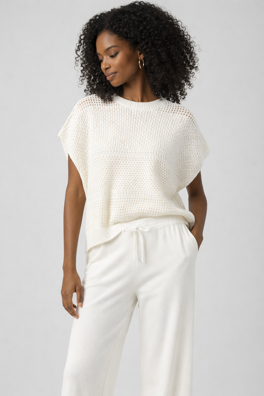 Women’s Knit Sweater Vest & Wide Leg Pants Set | Sleeveless Openwork Knit Top | Drawstring Waist Lounge Outfit