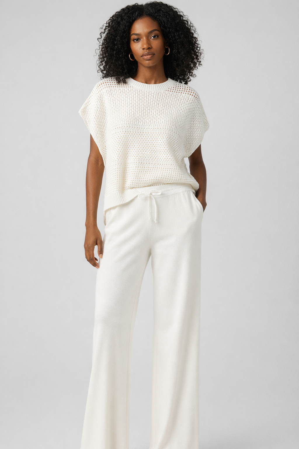 Women’s Knit Sweater Vest & Wide Leg Pants Set | Sleeveless Openwork Knit Top | Drawstring Waist Lounge Outfit