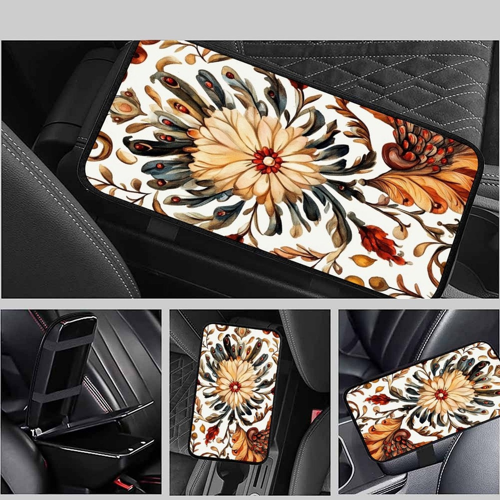 Symmetrical Floral Art Car Armrest Cushion – Elegant Console Pad