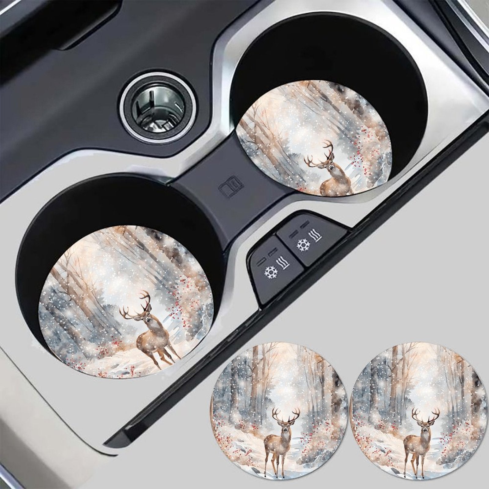 4pcs POD Printed Car Cup Holder Coasters, Winter Deer Absorbent Non-Slip Car Accessories, Auto Interior Decor