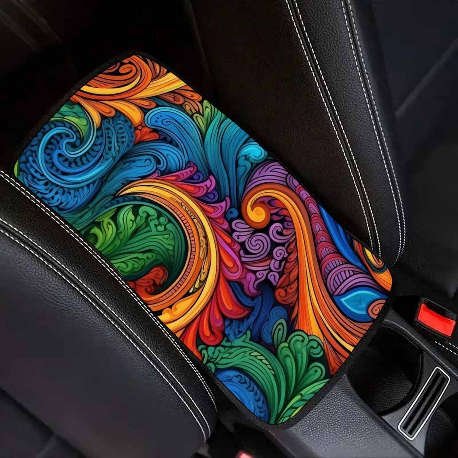 Vibrant Swirl Art Car Armrest Cushion – Colorful Console Pad