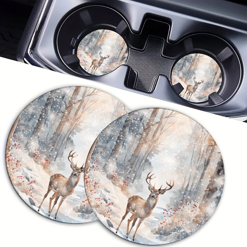 4pcs POD Printed Car Cup Holder Coasters, Winter Deer Absorbent Non-Slip Car Accessories, Auto Interior Decor