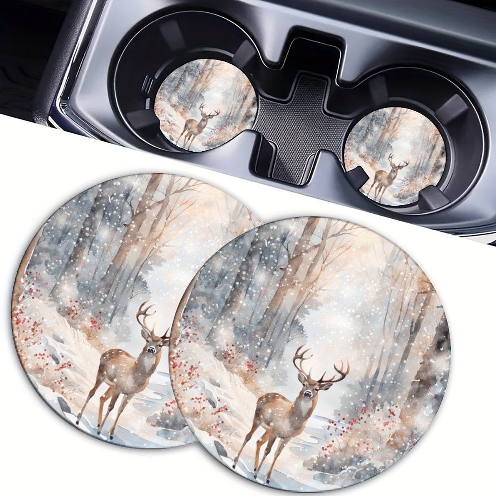 4pcs POD Printed Car Cup Holder Coasters, Winter Deer Absorbent Non-Slip Car Accessories, Auto Interior Decor