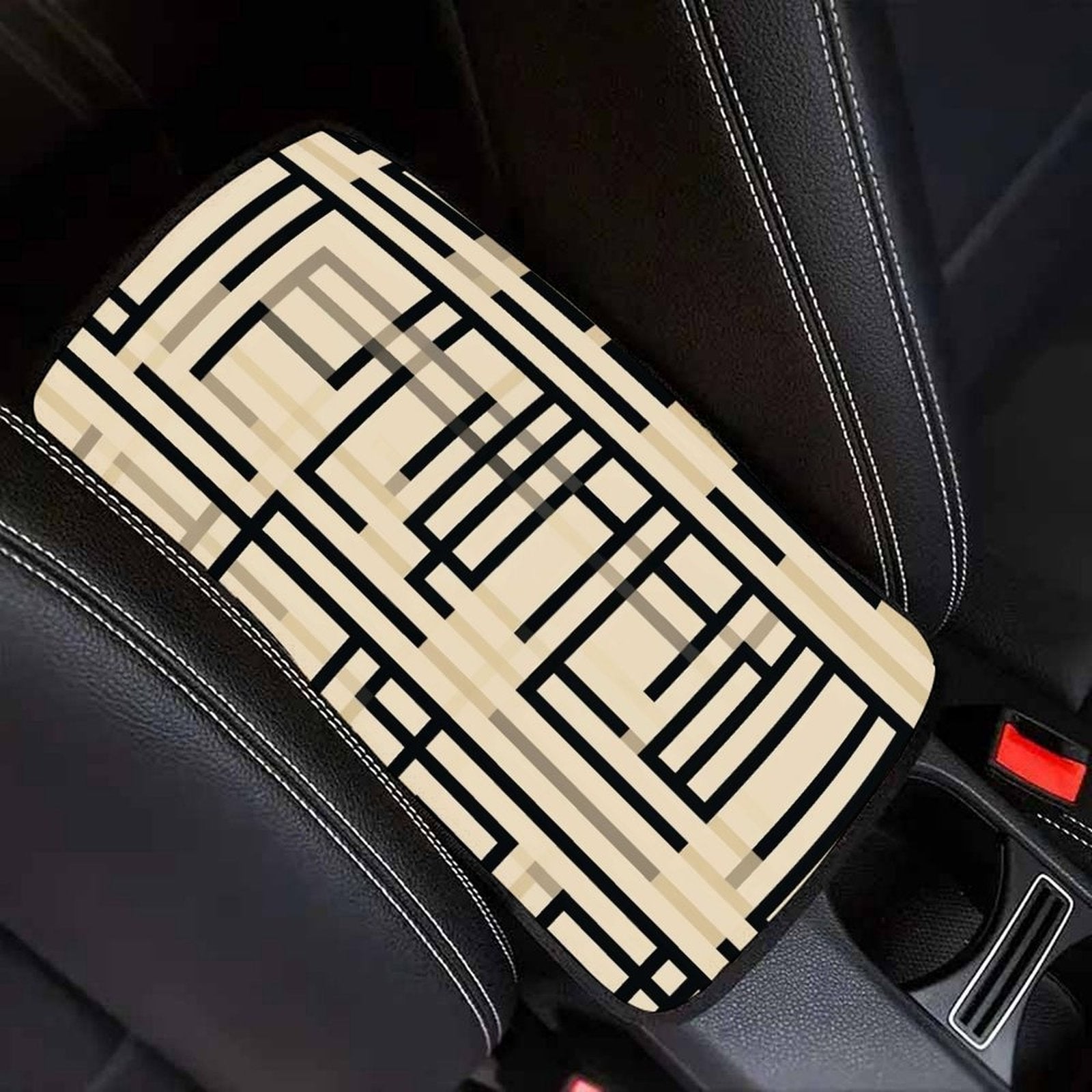 Beige and Black Geometric Line Car Armrest Cushion – Modern Console Pad