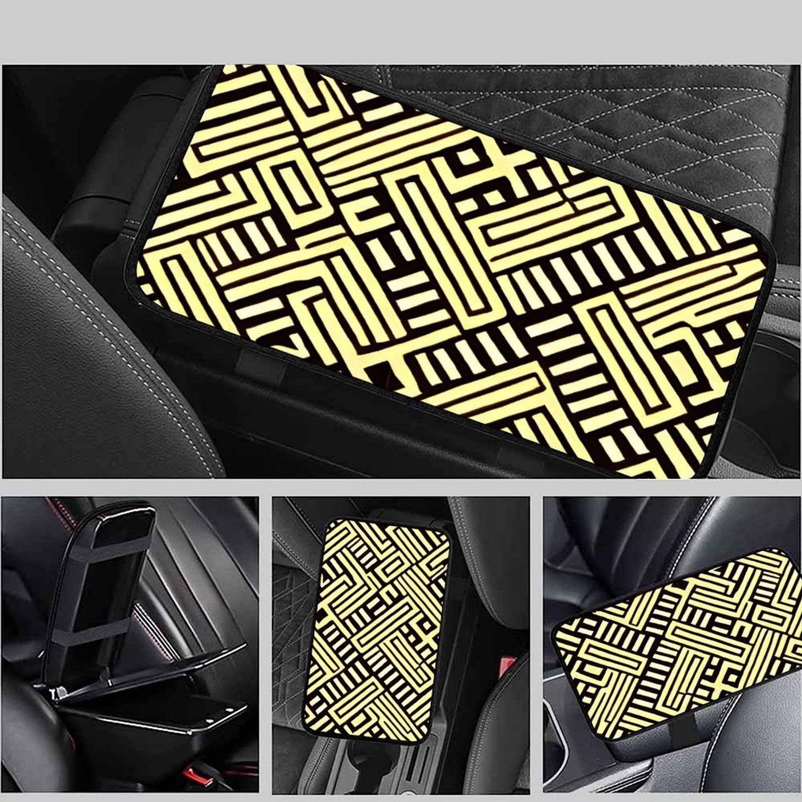 Black and Gold Geometric Car Armrest Cushion – Luxury Console Pad
