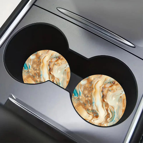 4pcs Luxury Beige Marble Car Cup Holder Coasters, Gold Fluid Art Pattern, Absorbent Non-Slip Round Auto Cup Mat Set
