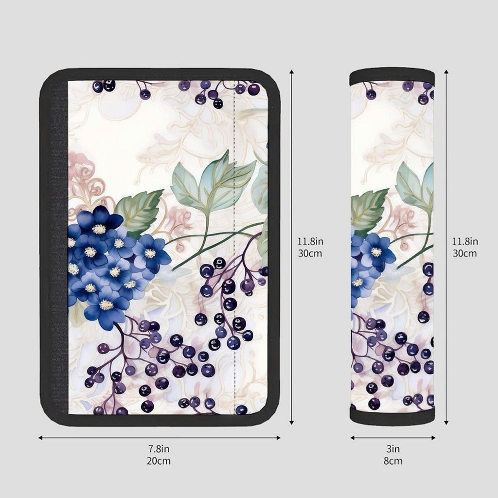 Universal Seat Belt Pad, Soft Shoulder Strap Cover Cushion, Blue Flower & Berry Pattern, Comfort Protector for Car Seatbelt, Backpack Strap