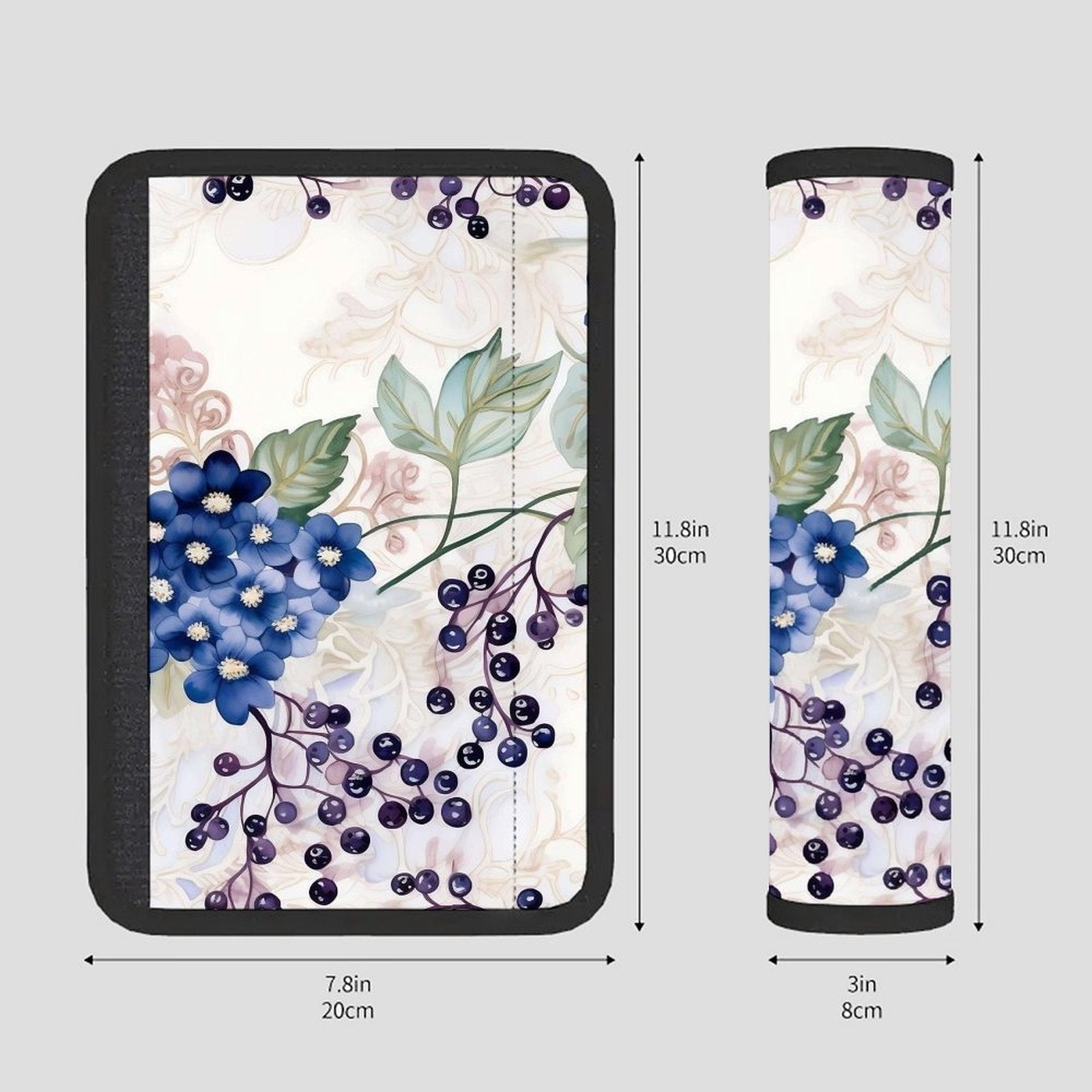 Universal Seat Belt Pad, Soft Shoulder Strap Cover Cushion, Blue Flower & Berry Pattern, Comfort Protector for Car Seatbelt, Backpack Strap