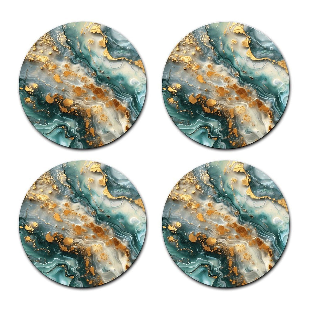 4pcs Luxury Green Marble Car Cup Holder Coasters, Gold Fluid Art Stone Pattern, Absorbent Non-Slip Round Auto Cup Mat Set