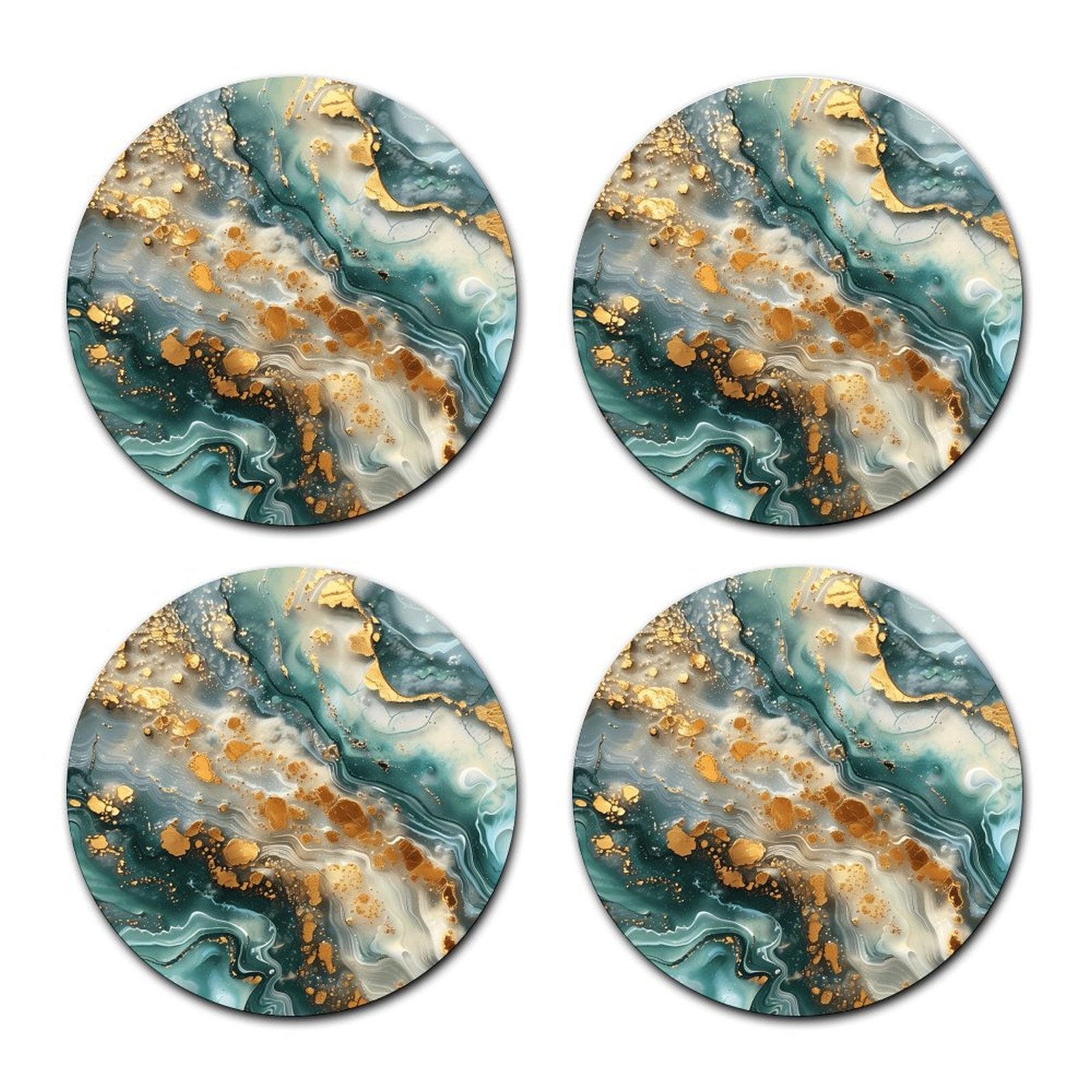 4pcs Luxury Green Marble Car Cup Holder Coasters, Gold Fluid Art Stone Pattern, Absorbent Non-Slip Round Auto Cup Mat Set