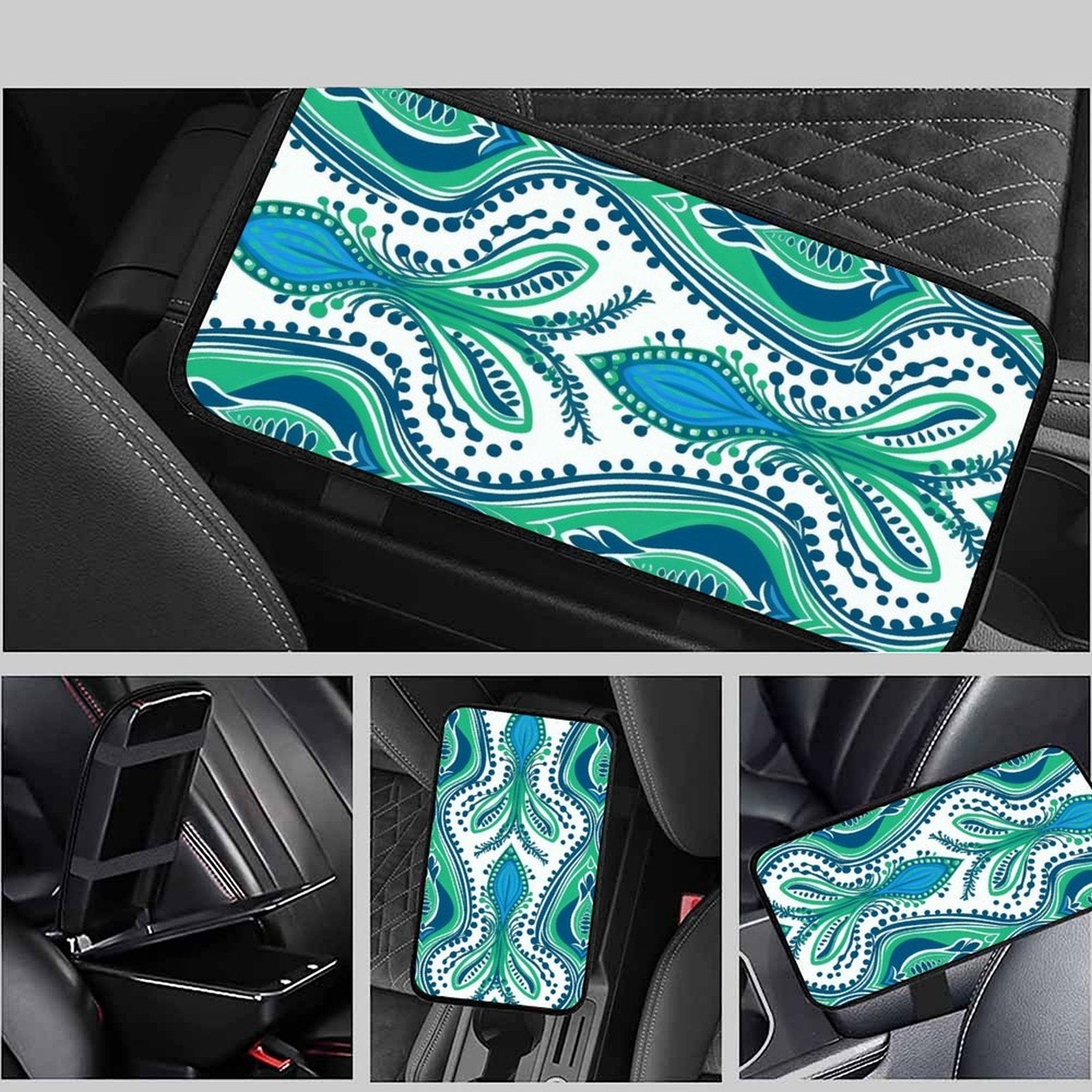Teal Symmetrical Pattern Car Armrest Cushion – Decorative Console Pad