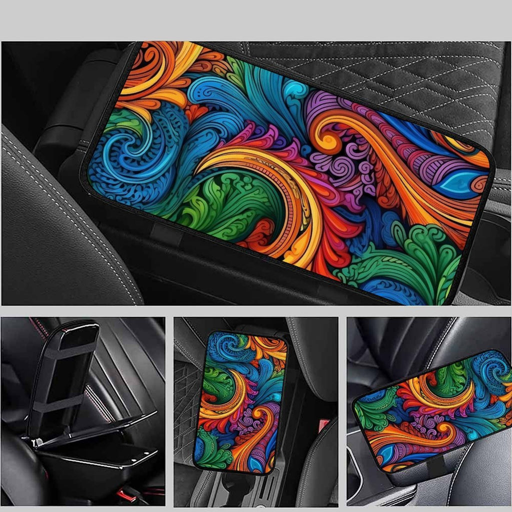 Vibrant Swirl Art Car Armrest Cushion – Colorful Console Pad