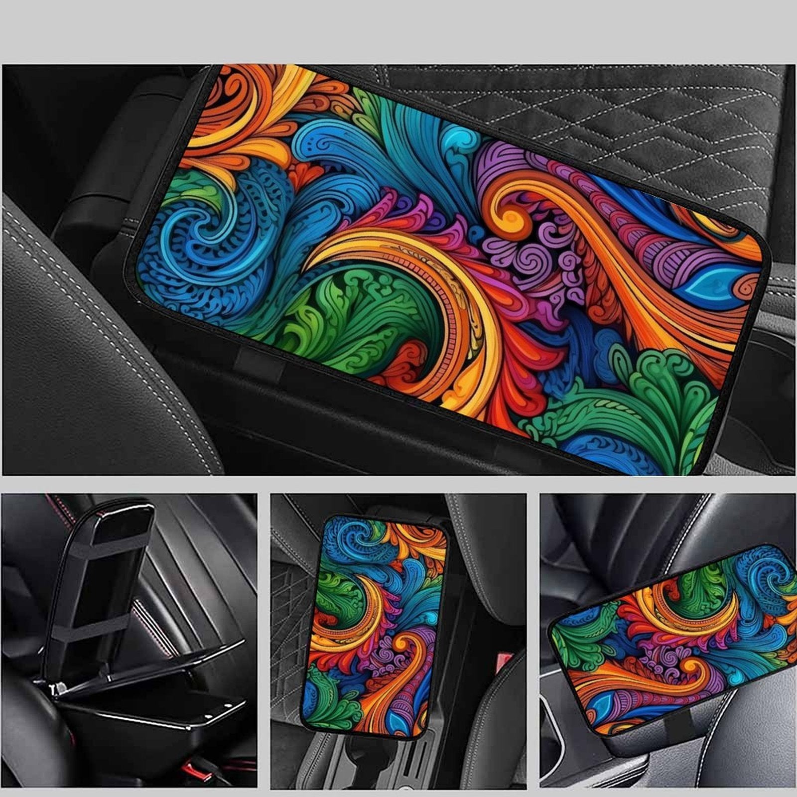 Vibrant Swirl Art Car Armrest Cushion – Colorful Console Pad