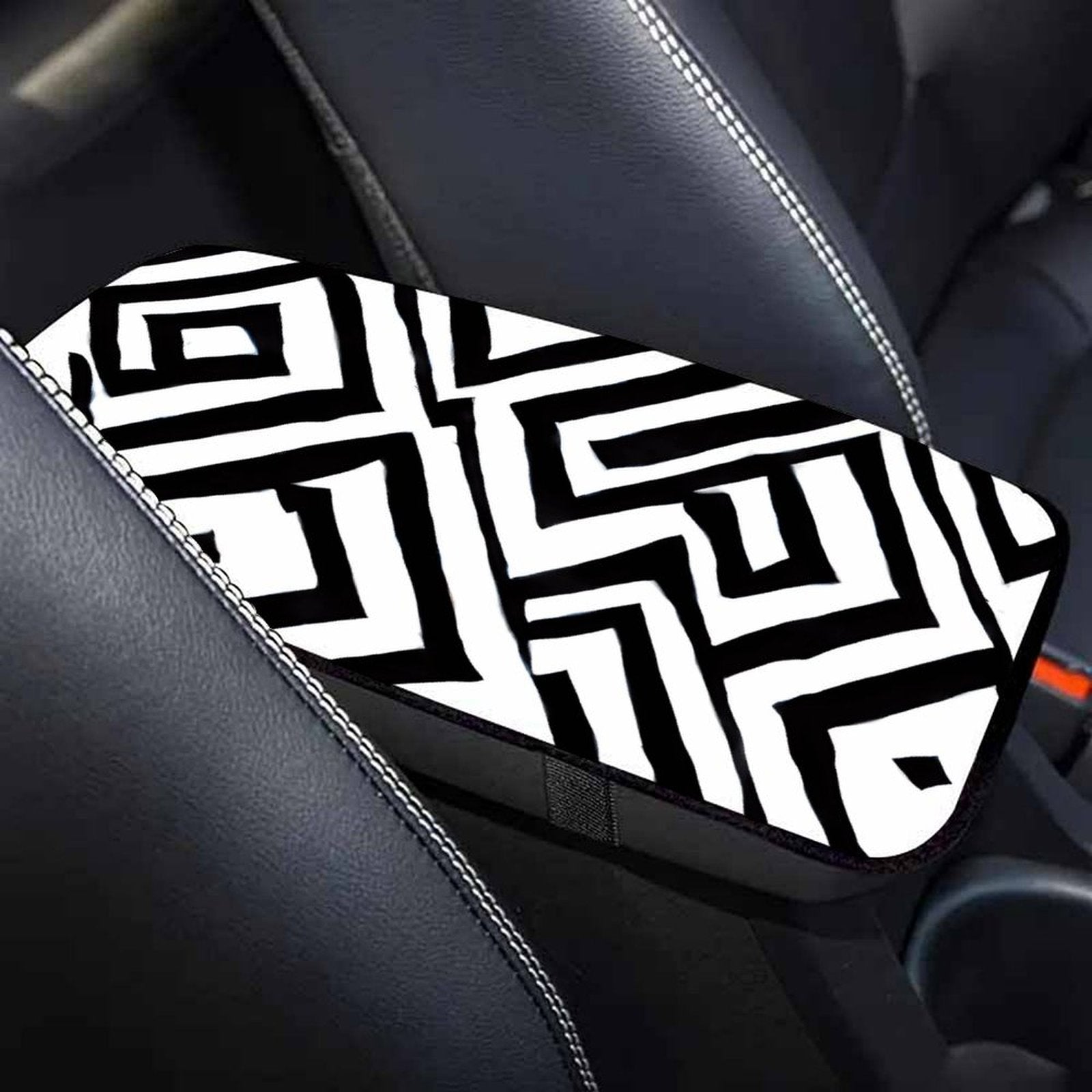 Black and White Geometric Car Armrest Cushion – Modern Console Pad