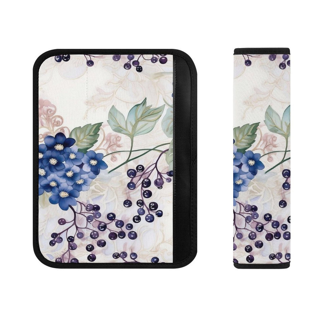 Universal Seat Belt Pad, Soft Shoulder Strap Cover Cushion, Blue Flower & Berry Pattern, Comfort Protector for Car Seatbelt, Backpack Strap