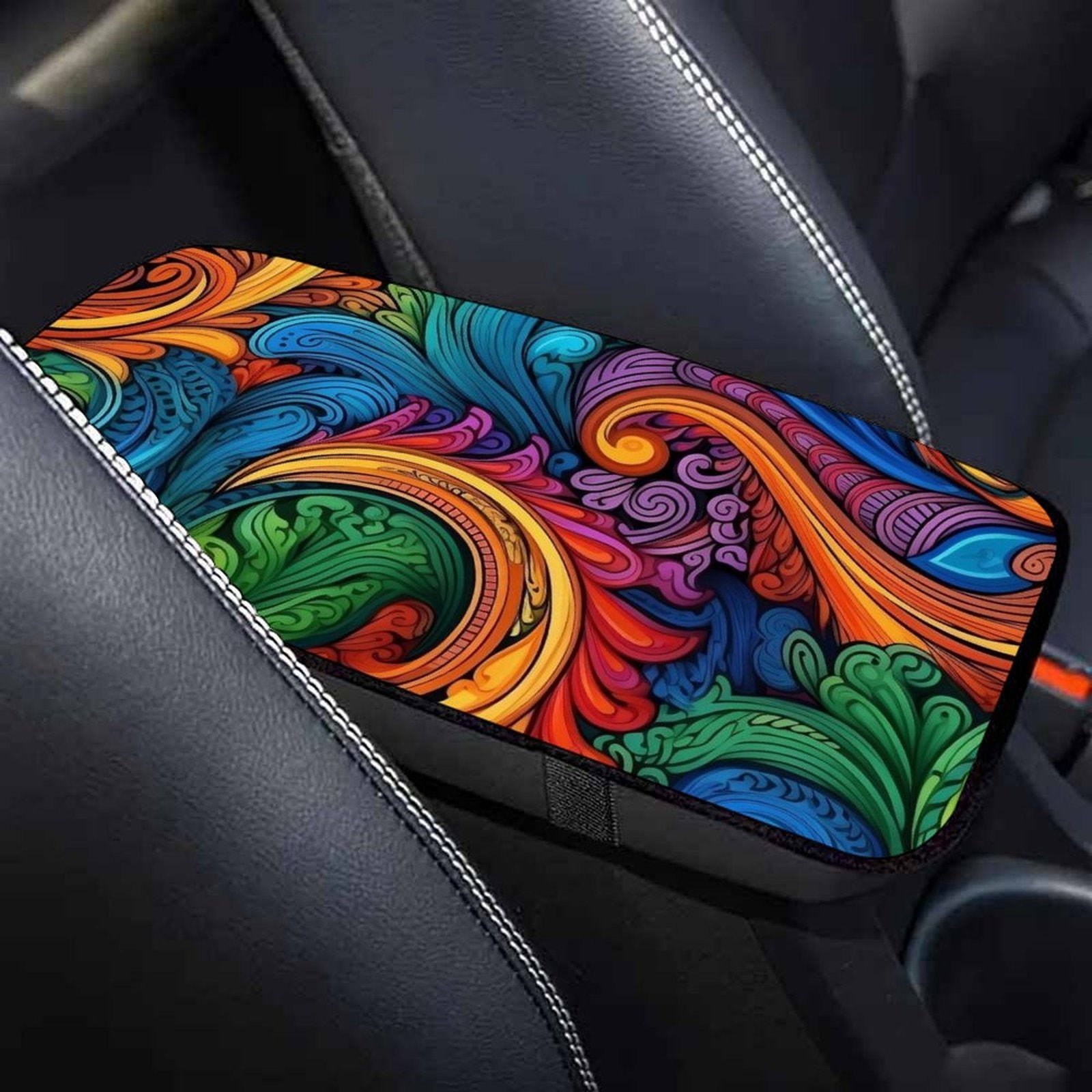 Vibrant Swirl Art Car Armrest Cushion – Colorful Console Pad