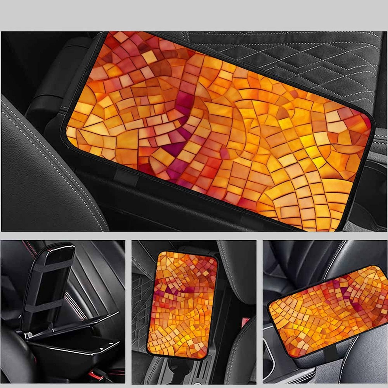 Warm Orange Mosaic Pattern Car Armrest Cushion – Artistic Console Pad