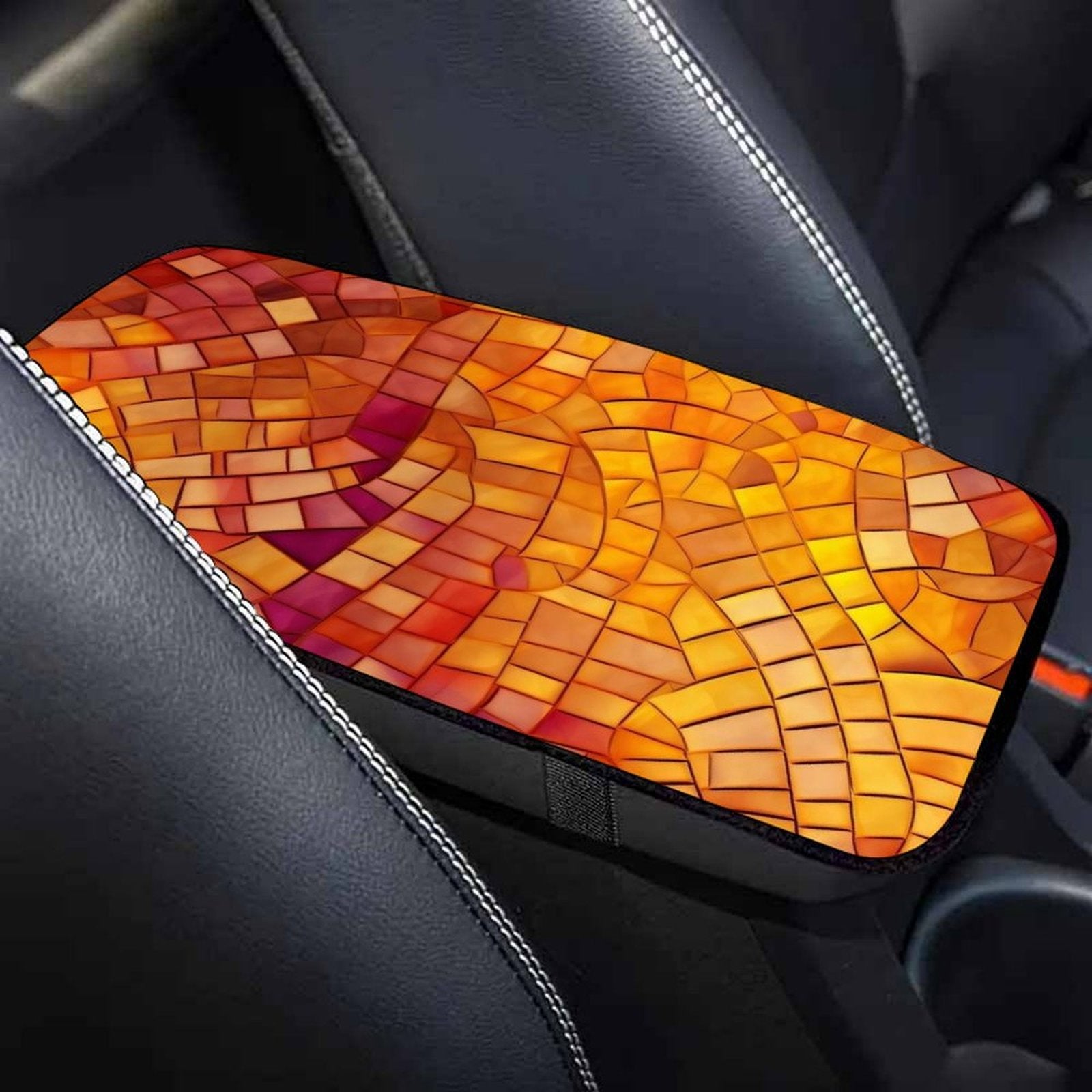 Warm Orange Mosaic Pattern Car Armrest Cushion – Artistic Console Pad