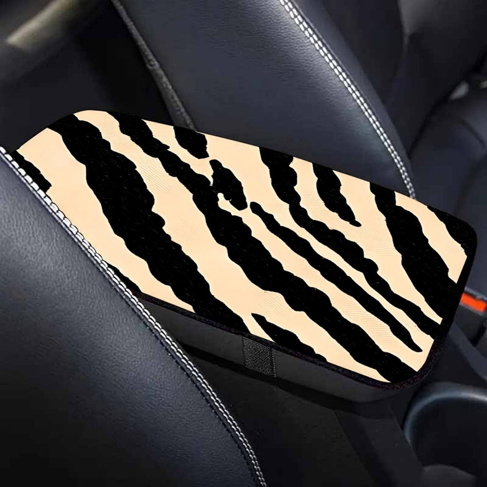 Beige and Black Zebra Pattern Car Armrest Cushion – Decorative Console Pad
