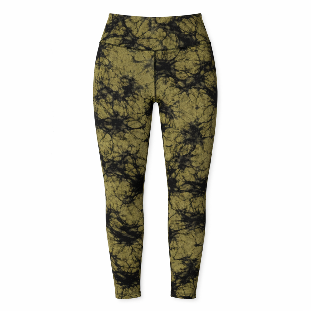 Women’s High Waist Yoga Leggings | Olive Green Black Tie Dye | Stretch Fit