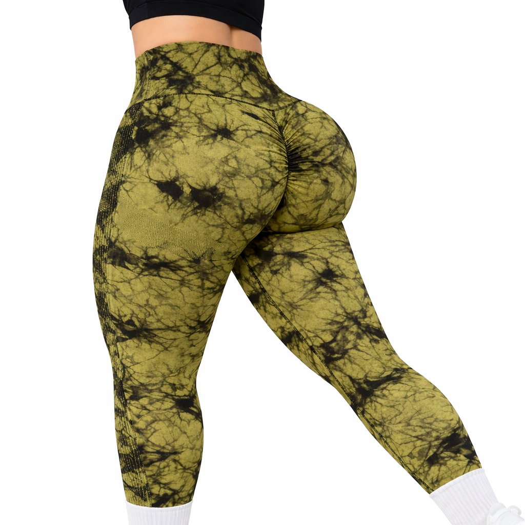 Women’s High Waist Yoga Leggings | Olive Green Black Tie Dye | Stretch Fit