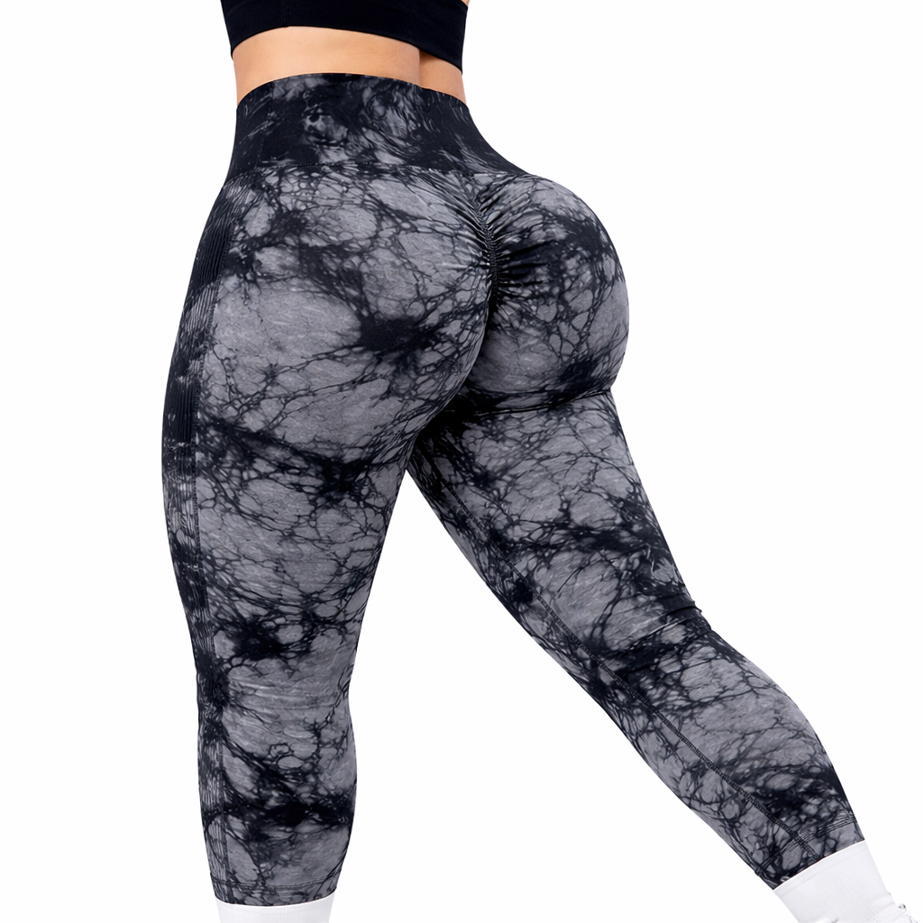 Women’s High Waist Yoga Leggings | Olive Green Black Tie Dye | Stretch Fit
