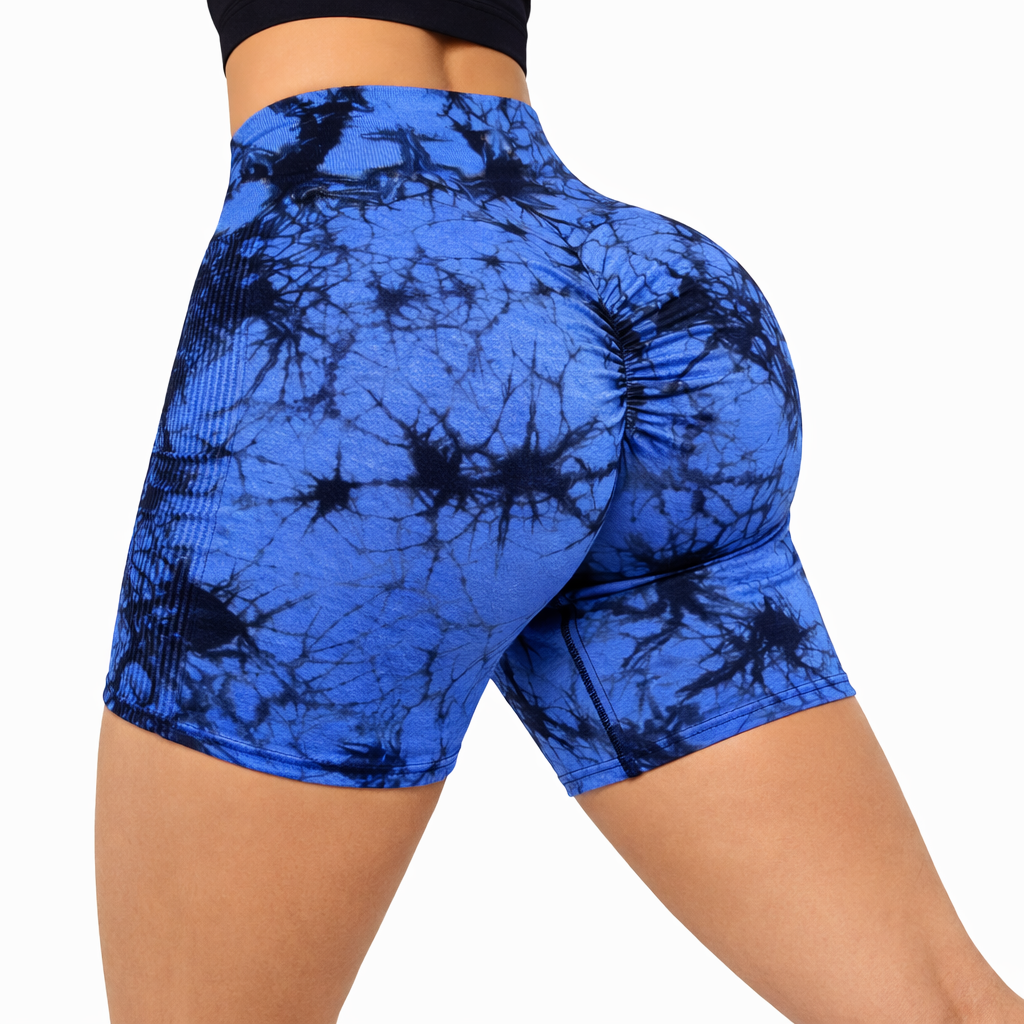 Women’s Yoga Biker Shorts High Rise | Blue/Black Marble Dye | Gym Fitness