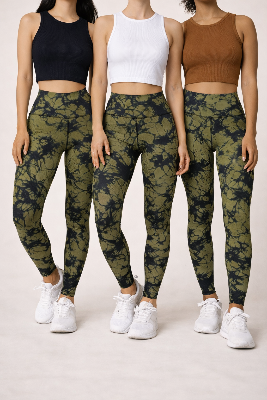 Women’s High Waist Yoga Leggings | Olive Green Black Tie Dye | Stretch Fit