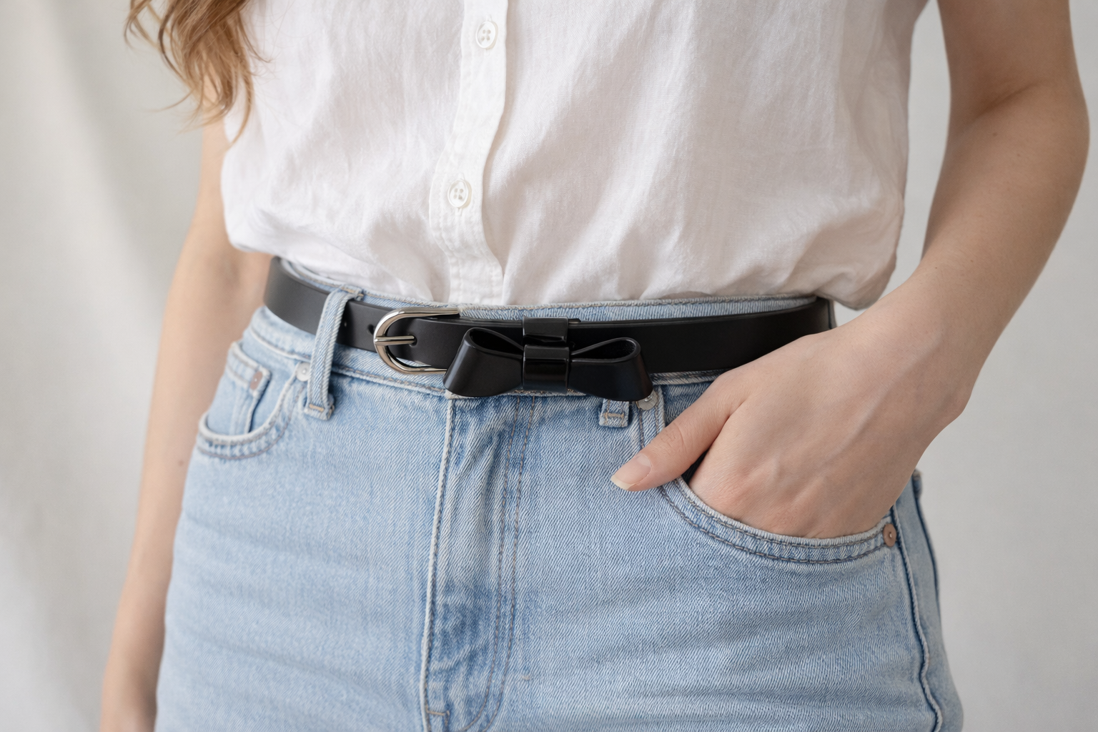 Slim Black Bow Belt with Silver Buckle | Skinny Adjustable Waist Belt