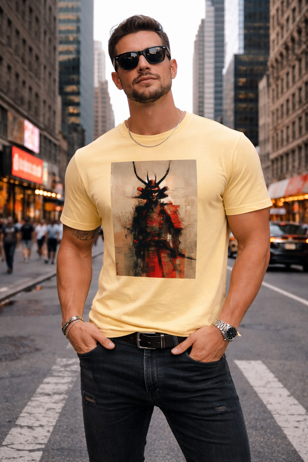 Men’s Graphic T-Shirt, Casual Streetwear Tee, Short Sleeve Top, Samurai Art Print Crewneck, Soft Breathable Summer Shirt