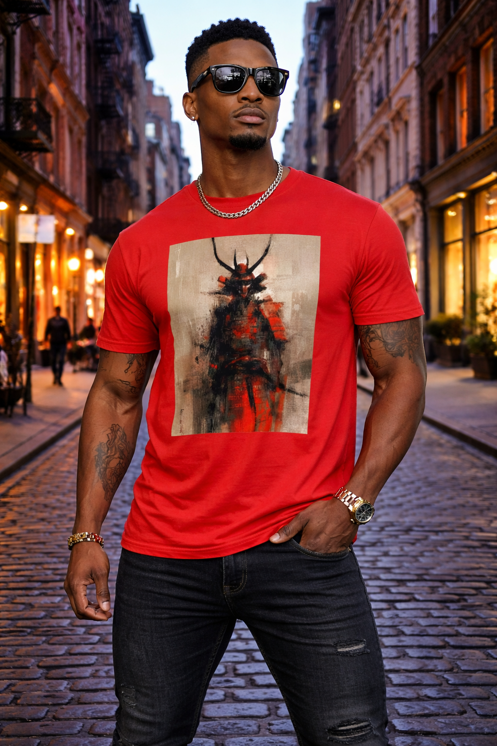 Men’s Graphic T-Shirt, Casual Streetwear Tee, Short Sleeve Top, Samurai Art Print Crewneck, Soft Breathable Summer Shirt