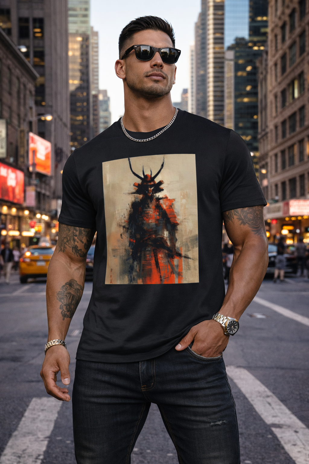 Men’s Graphic T-Shirt, Casual Streetwear Tee, Short Sleeve Top, Samurai Art Print Crewneck, Soft Breathable Summer Shirt