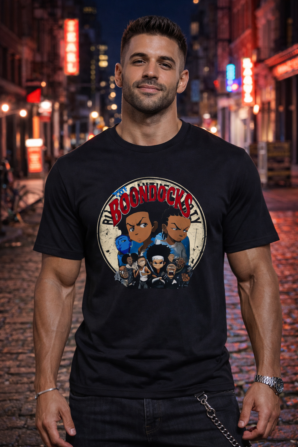 Men’s Cartoon Character Graphic T-Shirt, Vintage Round Badge Print, Casual Crewneck Short Sleeve Tee