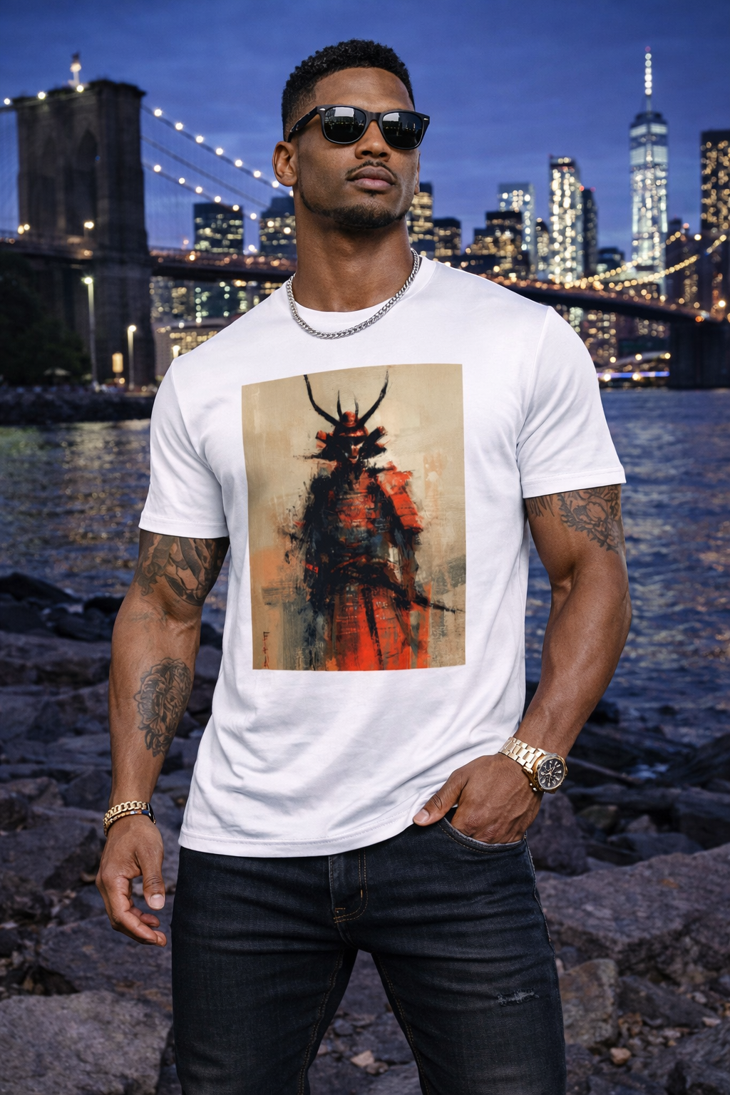 Men’s Graphic T-Shirt, Casual Streetwear Tee, Short Sleeve Top, Samurai Art Print Crewneck, Soft Breathable Summer Shirt