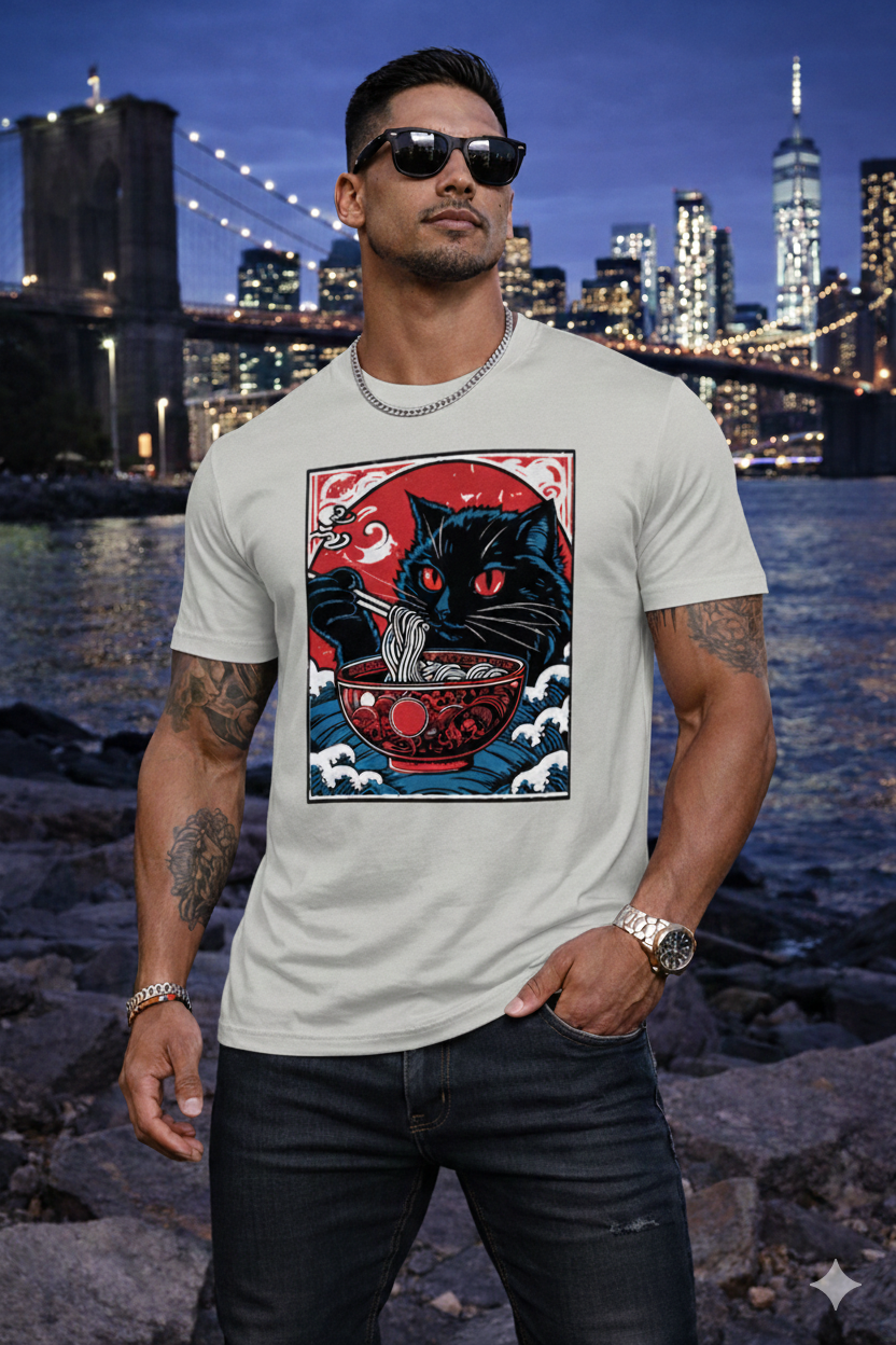Men’s Graphic T-Shirt, Casual Streetwear Tee, Short Sleeve Top, Black Cat Ramen Print Crewneck, Soft Breathable Summer Shirt