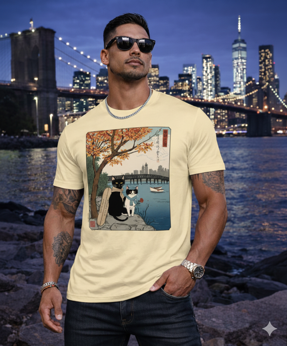 Men’s Graphic T-Shirt, Casual Streetwear Tee, Short Sleeve Top, Vintage Cat Art Print Crewneck, Soft Breathable Summer Shirt