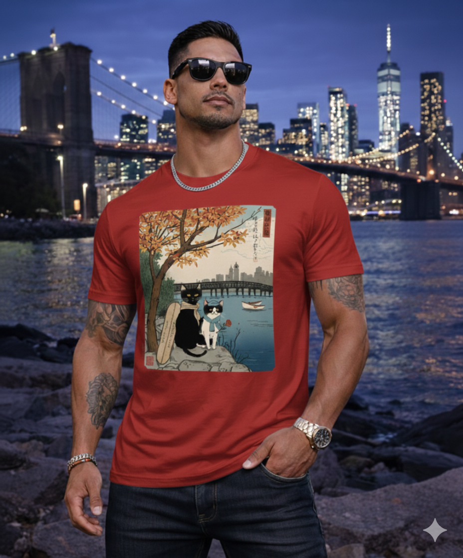 Men’s Graphic T-Shirt, Casual Streetwear Tee, Short Sleeve Top, Vintage Cat Art Print Crewneck, Soft Breathable Summer Shirt